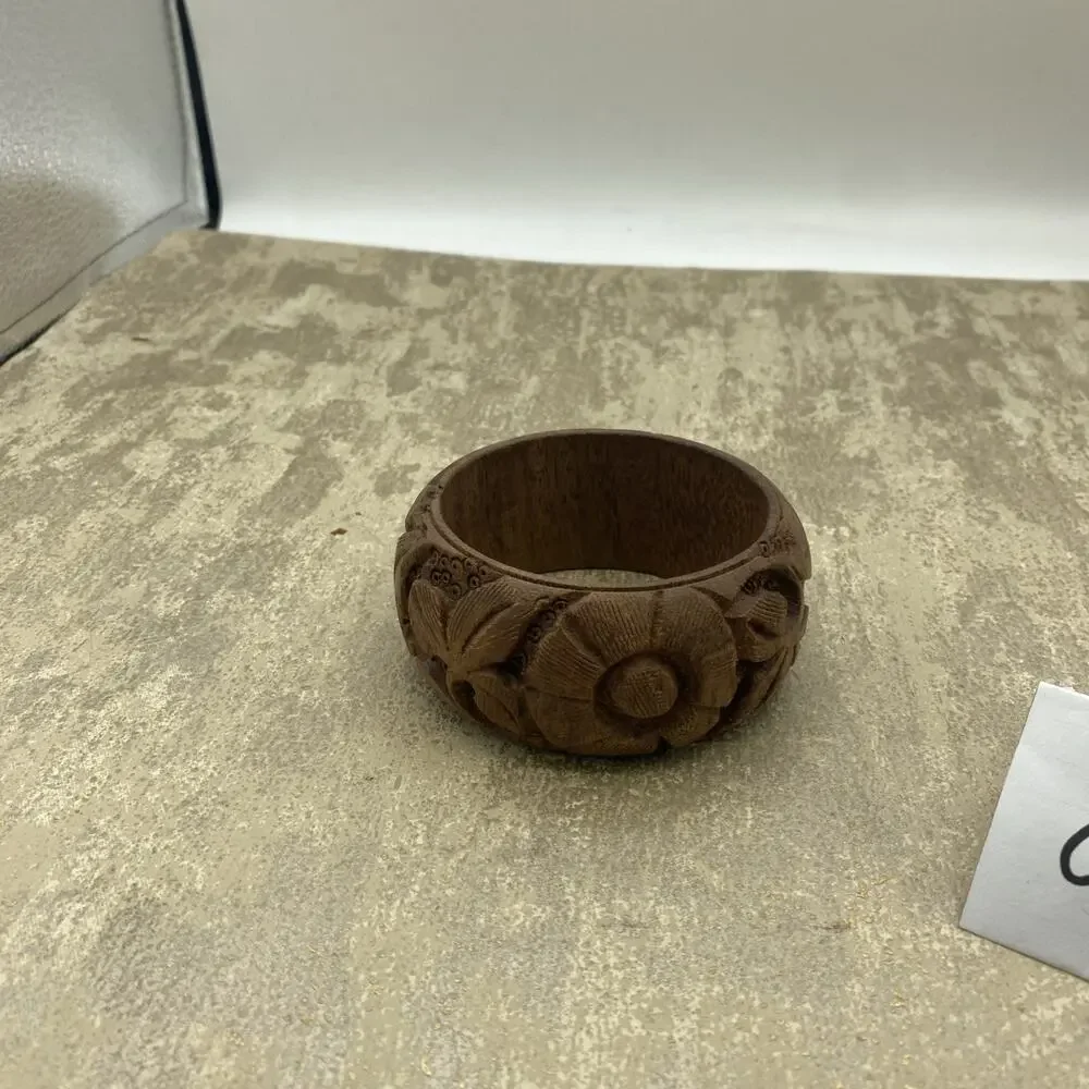 Vintage Wooden Carved Floral Vines Design Bangle Bracelet 2.75” Diameter